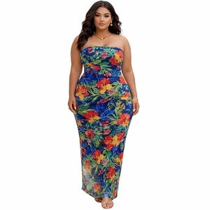 NWT Lilly's Kloset tropical resortwear stretch mesh strapless dress L maxi